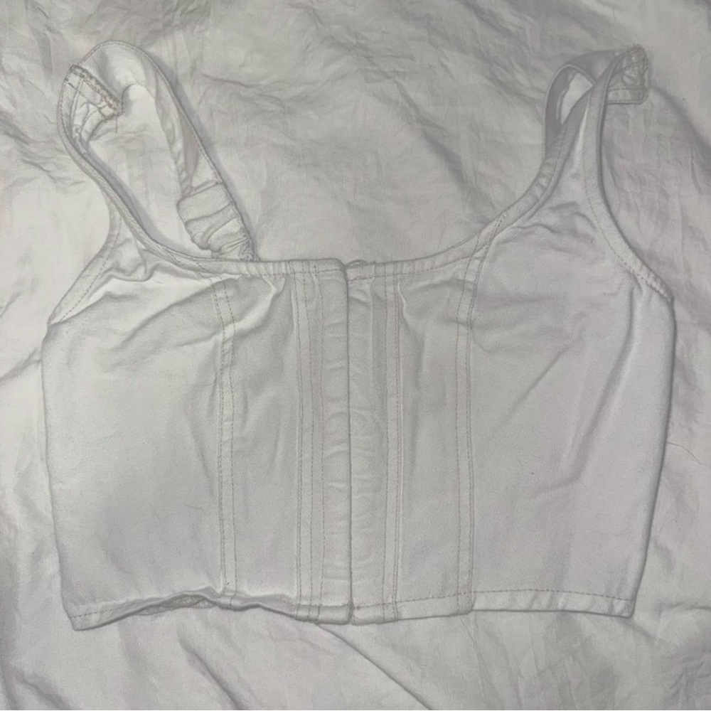 White denim cropped tank corset top with a western feel to it